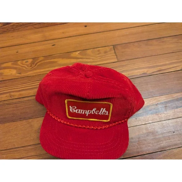 Vintage Campbells Soup Derby Cap Red Corduroy Snapback Hat Made in USA Rope Trim